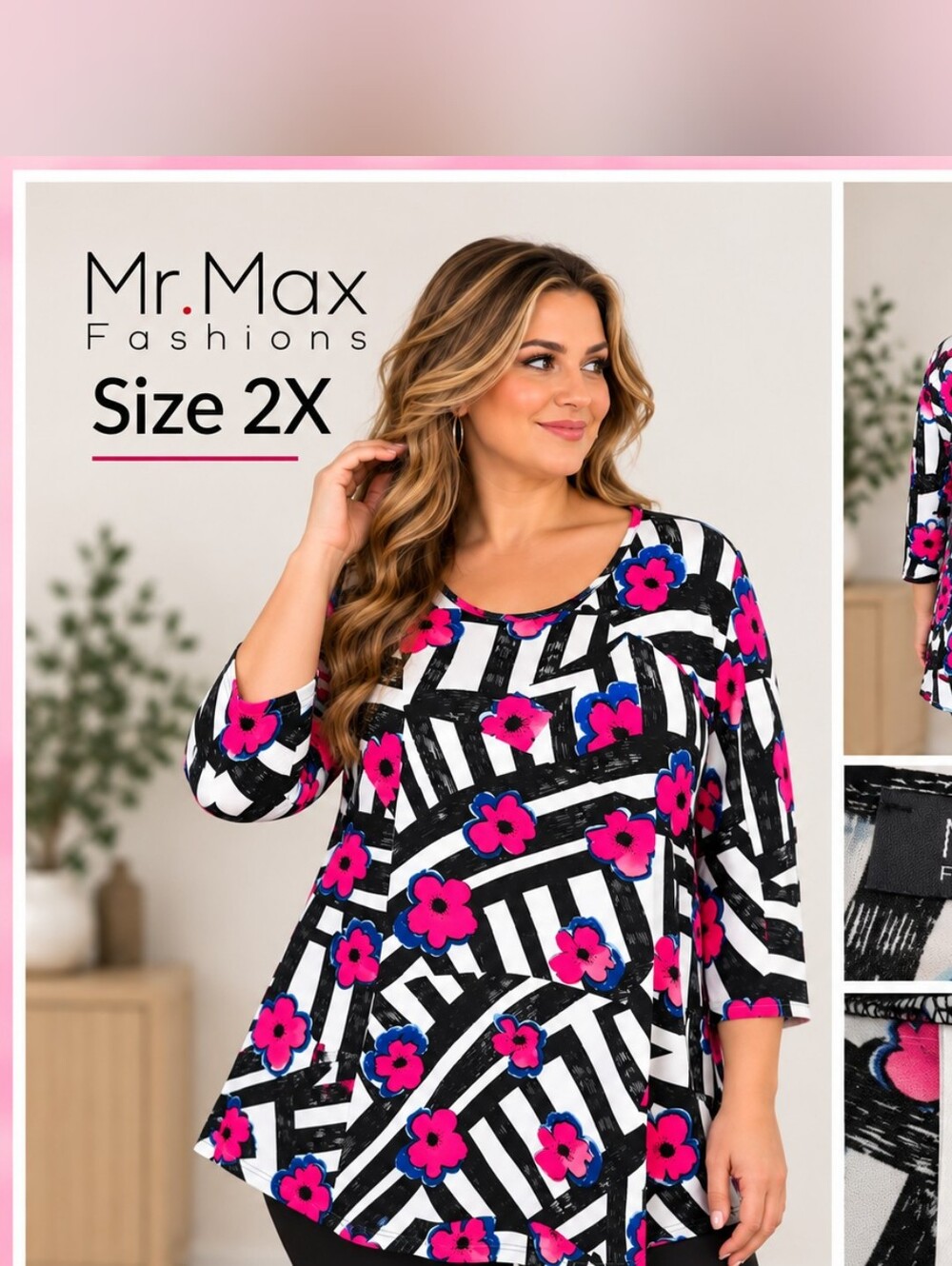 Mr. Max Fashions Size 2X Floral Geometric Tunic Top Pink Black White